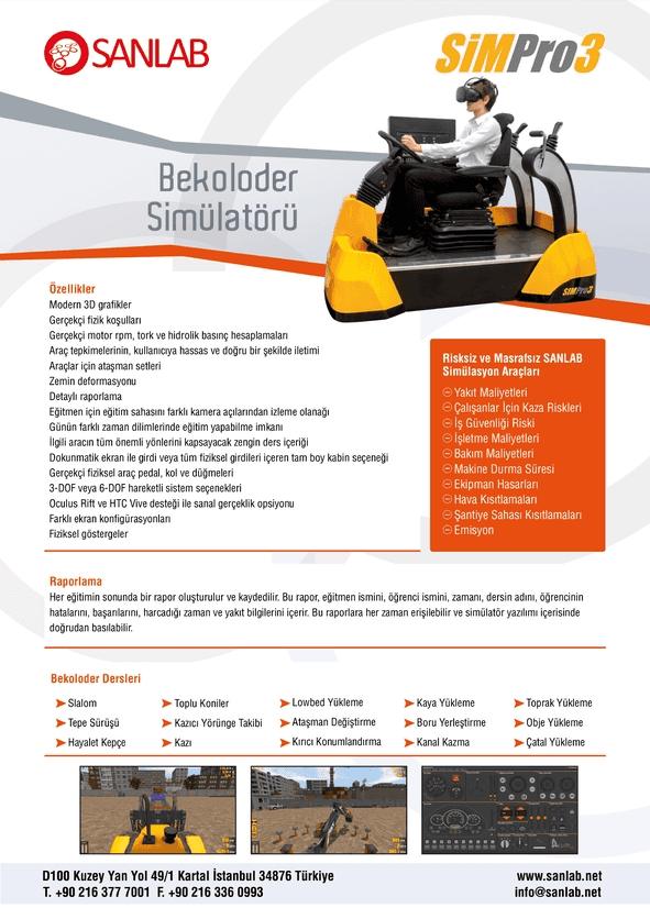 SANLAB SimPro3 Beko Loder Simülatörü tanıtım afişi, VR gözlük takan kişi, simülatör özellikleri ve risk avantajları listesi.