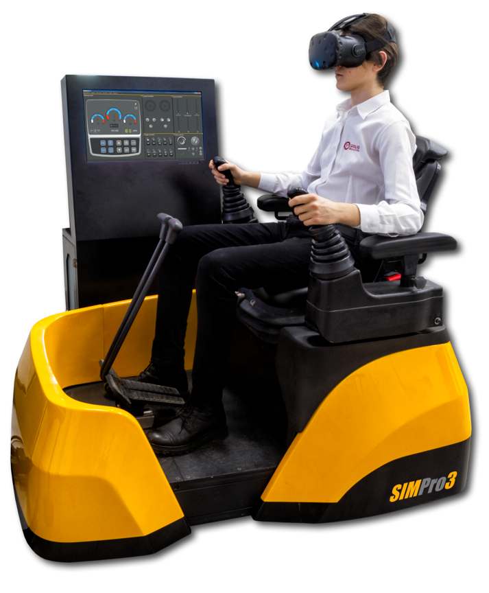Picture of a person using excavator simulator with VR glasses
