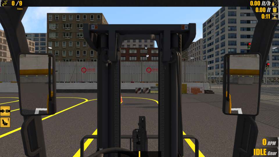 Visual from within the simulation showing the forklift cabin