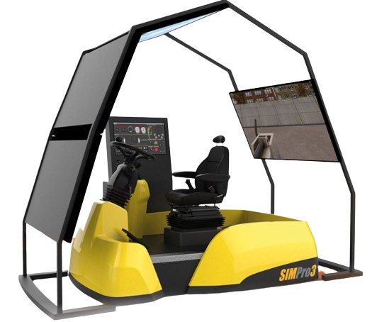 Telehandler simulator cabin picture from outside with monitors