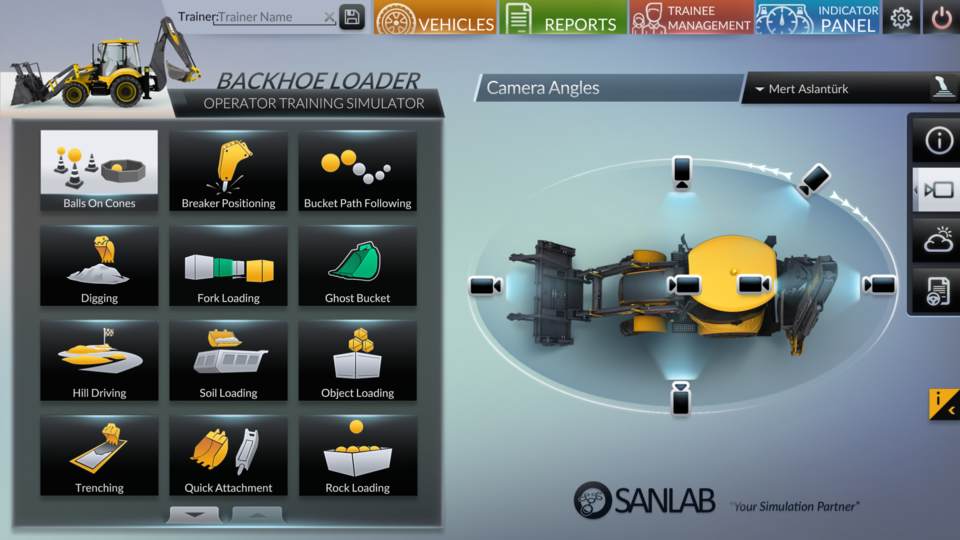 Picture showing backhoe loader simulator camera angles and scenarios.