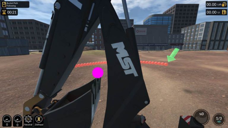 Shows the bucket part of a bucket and its travel route in a backhoe loader simulator. In the upper right corner, there are indicators showing loading and unloading levels. At the bottom there are symbols showing speed, rpm, gear and drive type.