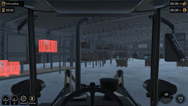 Simpro3 backhoe loader simulator, in-warehouse view, numbered red boxes, time and indicators.