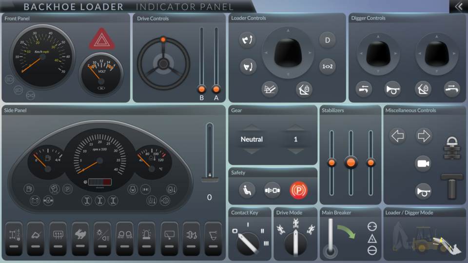 Backhoe loader simulator control panel interface.