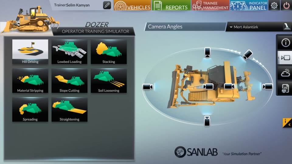 Bulldozer simulator user interface, training modules and dozer camera views.