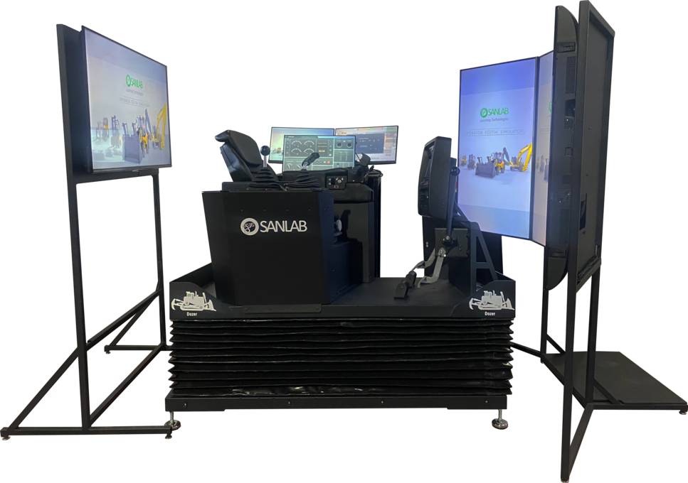 Dozer simulator with seat, control levers, pedals, and multiple screens displaying a virtual environment, branded with SANLAB for realistic operator training.