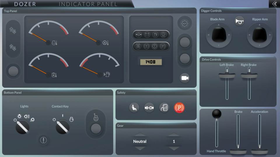 Dozer simulator control panel interface.