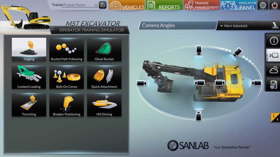 Excavator simulator user interface, training modules and excavator camera views.