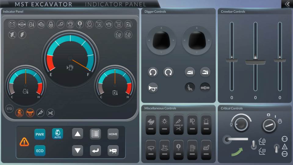 Excavator simulator control panel interface.