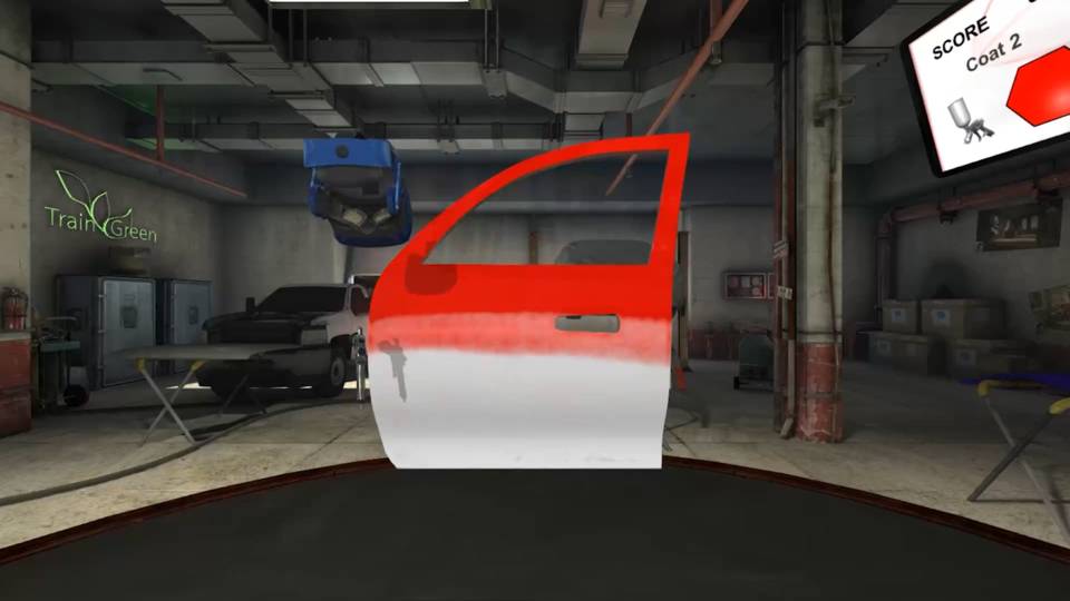 Virtual garage where training is carried out with the paint simulator, red-white car door and score evaluation screen.