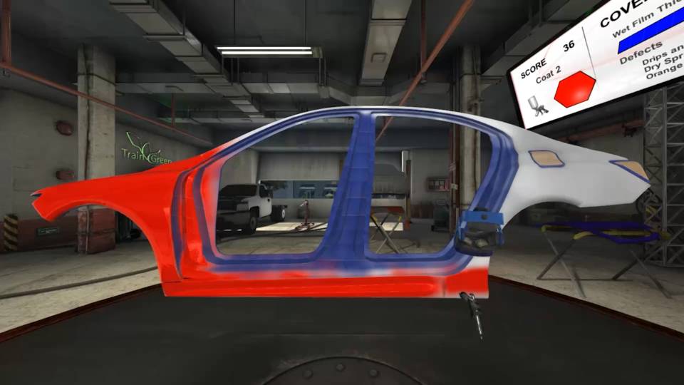 Car body painted in red, blue and white colors in the paint simulator.