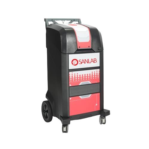 SANLAB portable paint simulator, in black, red and white, with large and small wheels.
