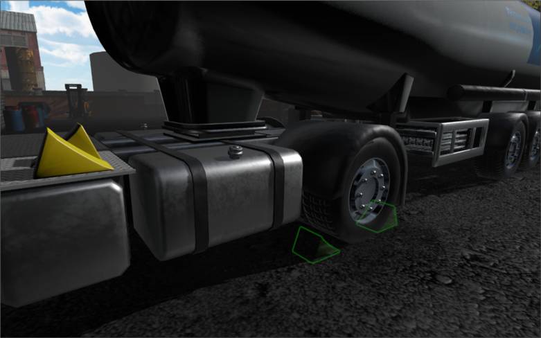 Close-up of a petroleum tanker truck's side in a virtual simulator, showing wheels with chocks and part of the fuel tank, focused on safety training for secure parking and preventing movement.