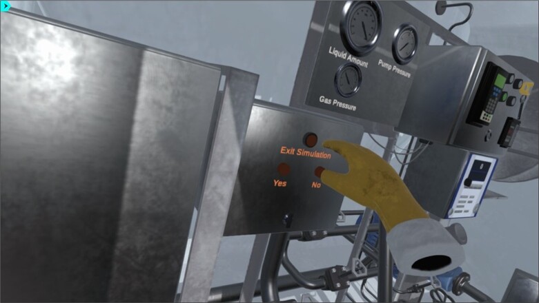 Close-up of virtual control panel in gas and petroleum safety simulator, with a gloved hand interacting with buttons and monitoring displays.