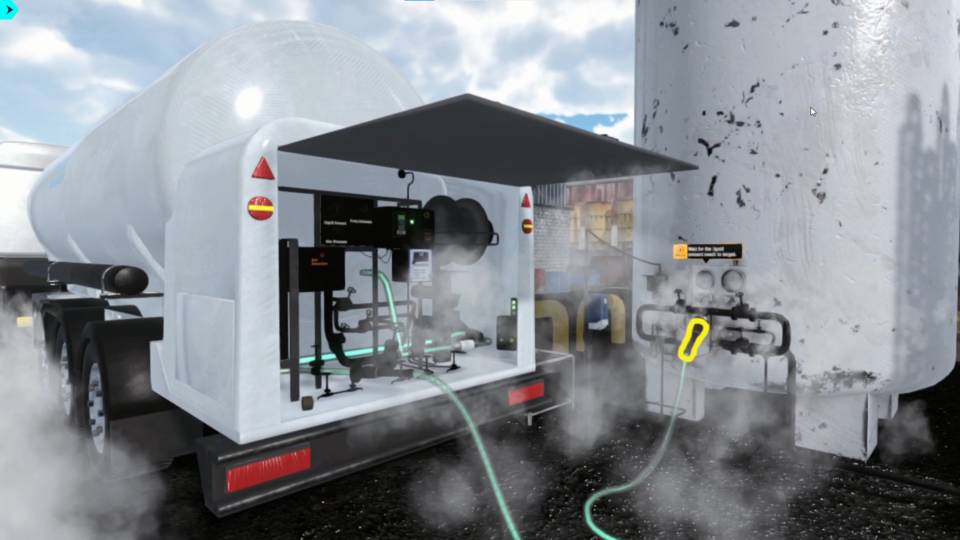 Virtual simulation of a petroleum tanker truck transferring fuel to a storage tank, showing hoses, valves, and control panels, with visible vapor, focused on safety training for hazardous material handling.