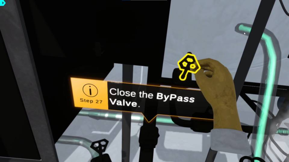 Virtual hand closing a bypass valve in petroleum safety training simulator, following step 27 in a training process.