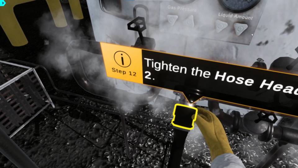 Virtual hand tightening a hose head in gas and petroleum safety simulator, following step 12 of a training sequence with control gauges and visible steam.