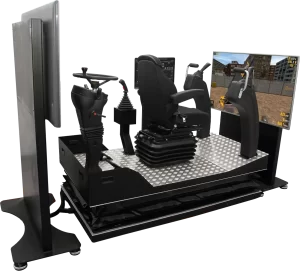 Gerçekçi bir operatör koltuğu, kumanda kolu kontrolleri ve eğitim amaçlı şantiye görsellerinin gösterildiği büyük bir ekrandan oluşan beko loder simülatörü.